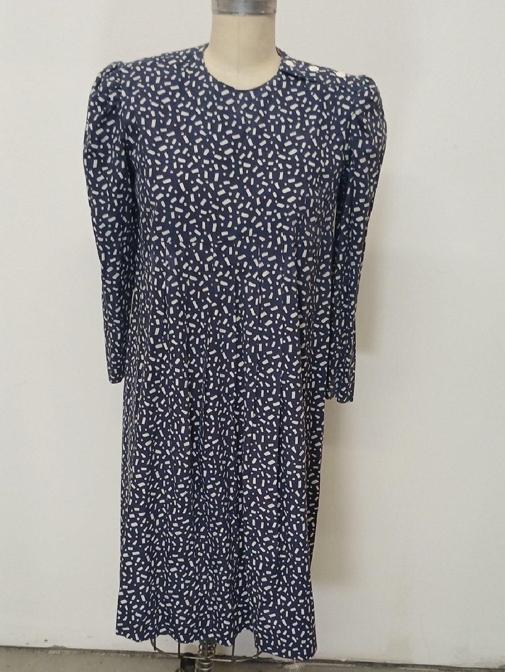 Vintage Dan Howard Maternities Navy Blue Printed Long Sleeve Midi Dress